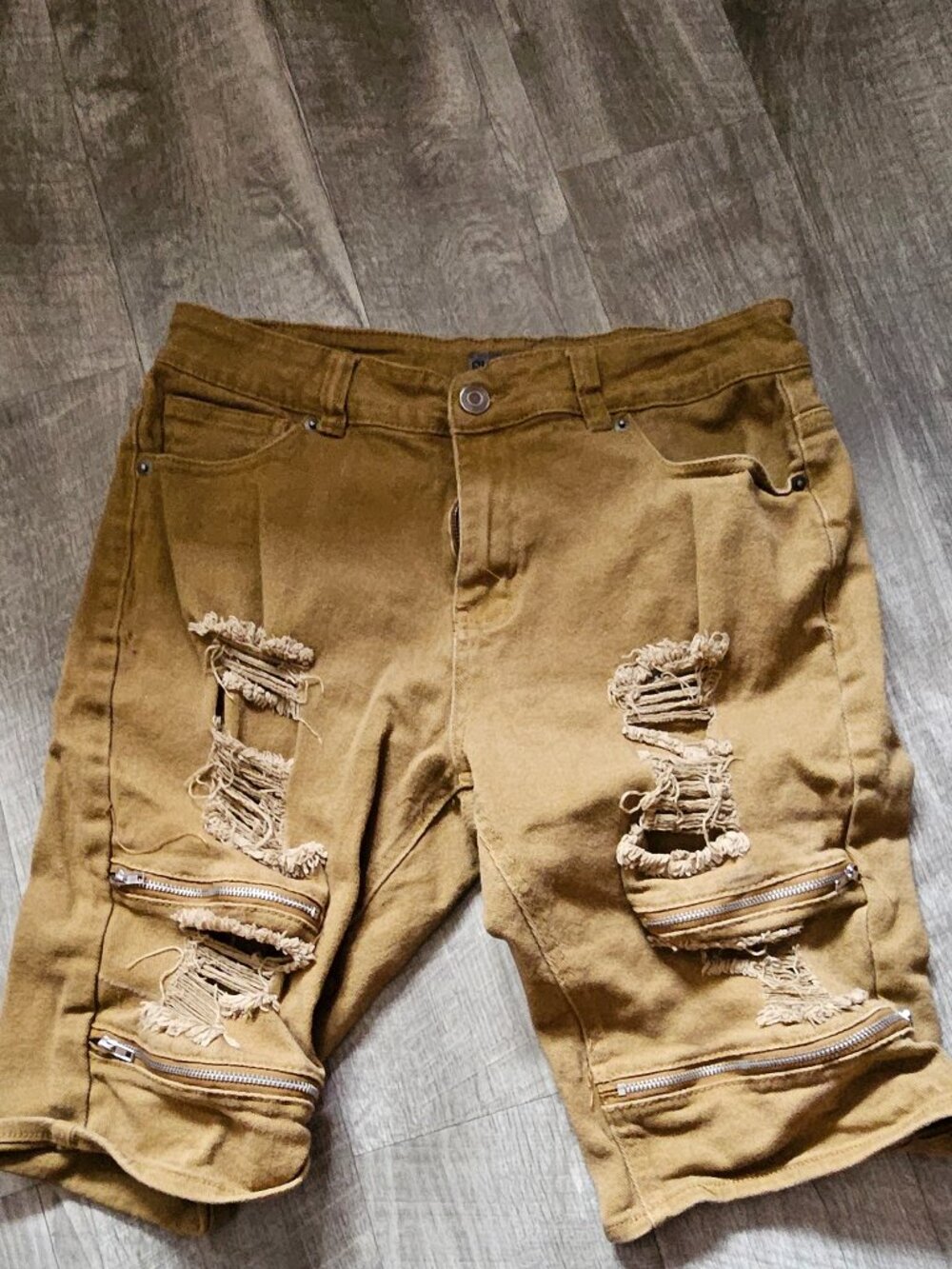 Mens Distressed Brown Zippered Jean Shorts 34W